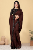 Dark Brown Chinnon Saree With Sequins Work For Diwali 