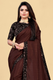 Dark Brown Chinnon Saree With Sequins Work For Diwali 