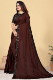 Dark Brown Chinnon Saree With Sequins Work For Diwali 