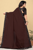 Dark Brown Chinnon Saree With Sequins Work For Diwali 