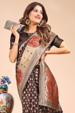 Dark Brown Cotton Saree With Weaved Work For Diwali