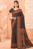 Dark Brown Crepe Saree With Printed Work For Casual Wear