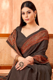 Dark Brown Crepe Saree With Printed Work For Casual Wear