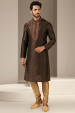 Dark Brown Dupion Silk Embroidered Men's Kurta With Churidar