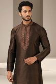 Dark Brown Dupion Silk Embroidered Men's Kurta With Churidar