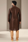 Dark Brown Dupion Silk Embroidered Men's Kurta With Churidar