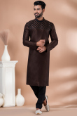 Dark Brown Dupion Silk Men's Kurta Pajama With Patch 