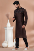 Dark Brown Dupion Silk Men's Kurta Pajama With Patch 