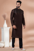 Dark Brown Dupion Silk Men's Kurta Pajama With Patch 