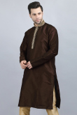 Dark Brown Dupion Silk Patch Embroidered Men Kurta 