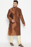 Dark Brown Dupion Silk Plain Men's Kurta With Churidar