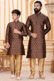 Dark Brown Jacquard Straight Cut Father-Son Duo Kurta With Churidar