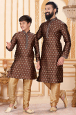 Dark Brown Jacquard Straight Cut Father-Son Duo Kurta With Churidar