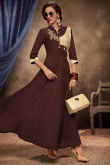 Dark Brown Rayon Frock Style Kurti with Zari embroidery
