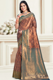Dark Brown Weaved Zari Broad Border Silk Saree For Sangeet 