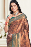 Dark Brown Weaved Zari Broad Border Silk Saree For Sangeet 