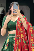 Dark Green A Line Silk Blend Printed Lehenga For Festival 