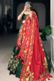 Dark Green A Line Silk Blend Printed Lehenga For Festival 