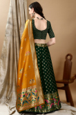 Dark Green Art Silk Woven Zari Panelled Style Lehenga
