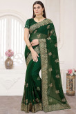 Woven Saree in Chiffon Dark Green for Party 