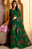 Dark Green Chiffon Saree with Printed Work For Casual Wear