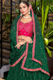 Dark Green Chinnon Embroidered Crushed Lehenga 