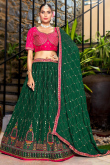 Dark Green Chinnon Embroidered Crushed Lehenga 