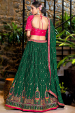 Dark Green Chinnon Embroidered Crushed Lehenga 