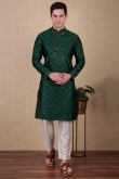 Dark Green Dupion Silk Embroidered Straight Cut Men's Kurta Pajama