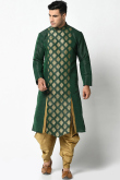 Dupion Silk Dark Green Zari Embroidered Mehndi Men Kurta Pajama