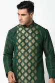 Dupion Silk Dark Green Zari Embroidered Mehndi Men Kurta Pajama
