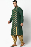Dupion Silk Dark Green Zari Embroidered Mehndi Men Kurta Pajama