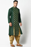 Dupion Silk Dark Green Zari Embroidered Mehndi Men Kurta Pajama
