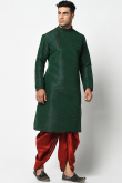 Dark Green Dupion Silk Men Kurta With Dhoti