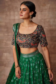 Dark Green Embroidered Organza Flared Style Lehenga 