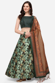 Dark Green Foliage Print Silk A Line Style Lehenga 