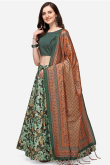 Dark Green Foliage Print Silk A Line Style Lehenga 