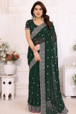 Dark Green Georgette Saree With Zari Work For Diwali
