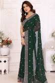 Dark Green Georgette Saree With Zari Work For Diwali