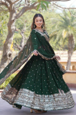 Dark Green Georgette Sequins Embroidered Flared Style Lehenga 