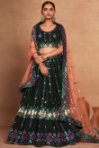 Dark Green Georgette Sequins Embroidered Flared Style Lehenga