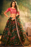 Dark Green Organza Printed Lehenga