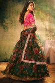 Dark Green Organza Printed Lehenga