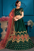 Dark Green Satin Embroidered Panelled Lehenga