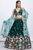 Dark Green Satin Sequins Embroidered Lehenga For Mehndi 