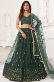 Flared Net Lehenga in Dark Green with Resham Embroidery