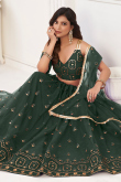 Flared Net Lehenga in Dark Green with Resham Embroidery