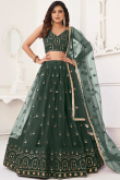 Flared Net Lehenga in Dark Green with Resham Embroidery