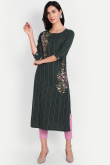 Dark Green Weaved Thread Cotton Ready Made Casual Wear Kurti