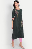 Dark Green Weaved Thread Cotton Ready Made Casual Wear Kurti